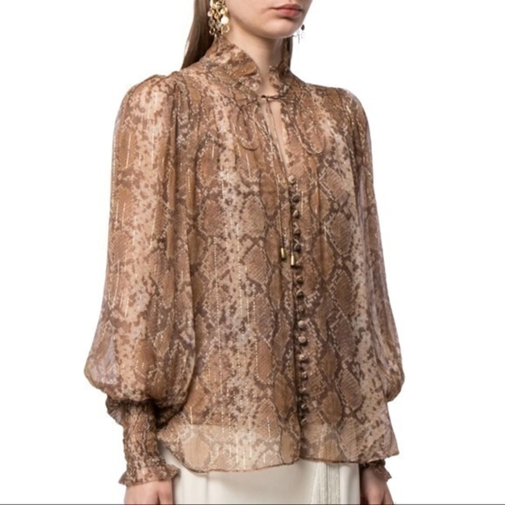 Zimmermann Botanica Python Print Silk Long Sleeved Blouse Size 0
